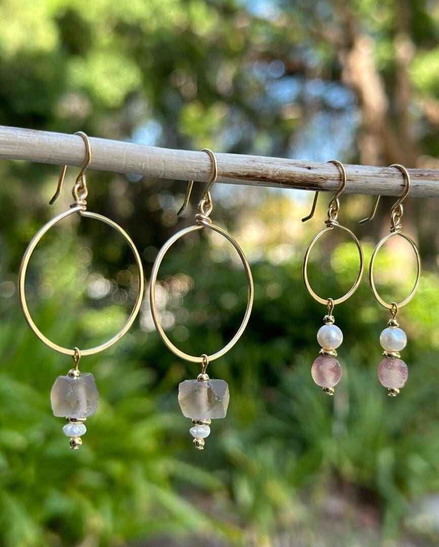 A pair of earrings hanging on a branch.