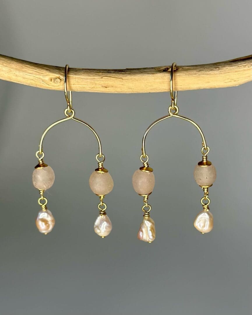 A pair of earrings hanging from a branch.