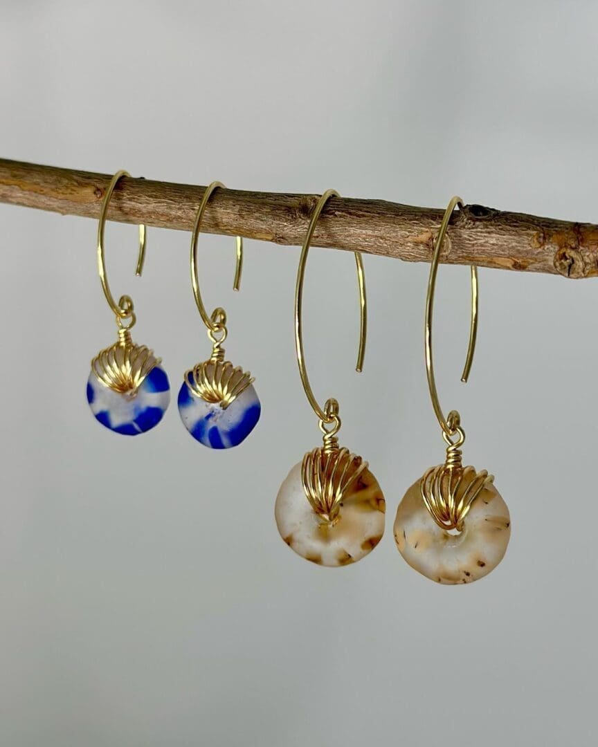 A pair of earrings hanging on a branch.