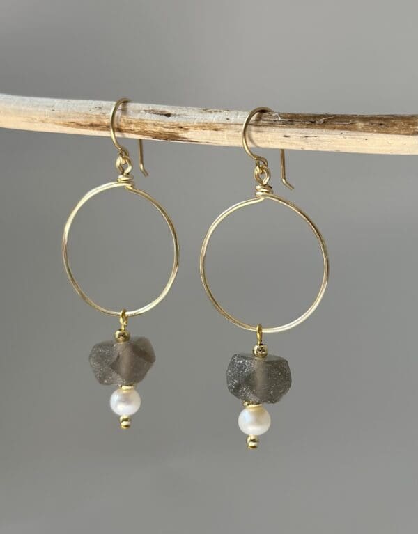 A pair of earrings hanging from a branch.