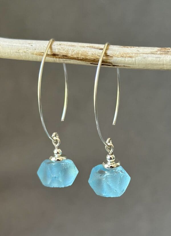 A pair of earrings hanging from silver wires.