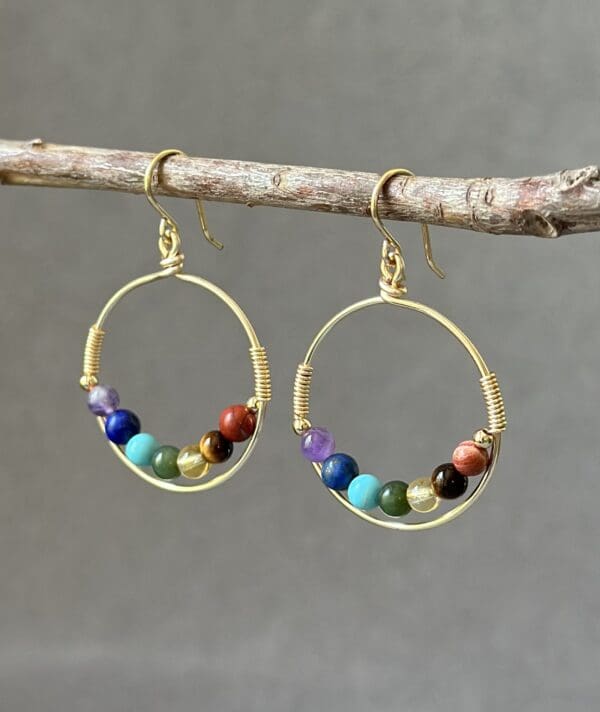 A pair of earrings with different colored beads.