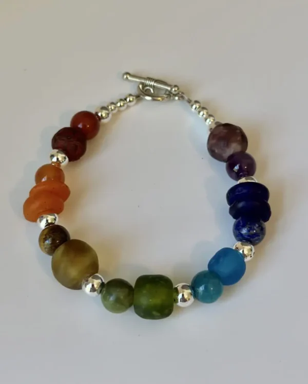 Seven Chakra Semiprecious Stones and African Recycled Glass, Silver