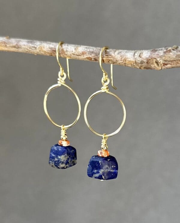 A pair of earrings hanging on a tree branch.