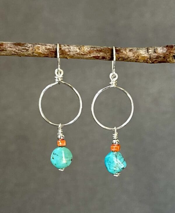 A pair of earrings hanging from a tree branch.