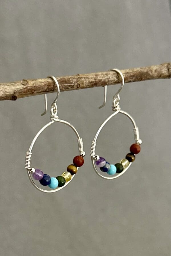 A pair of earrings hanging on a tree branch.