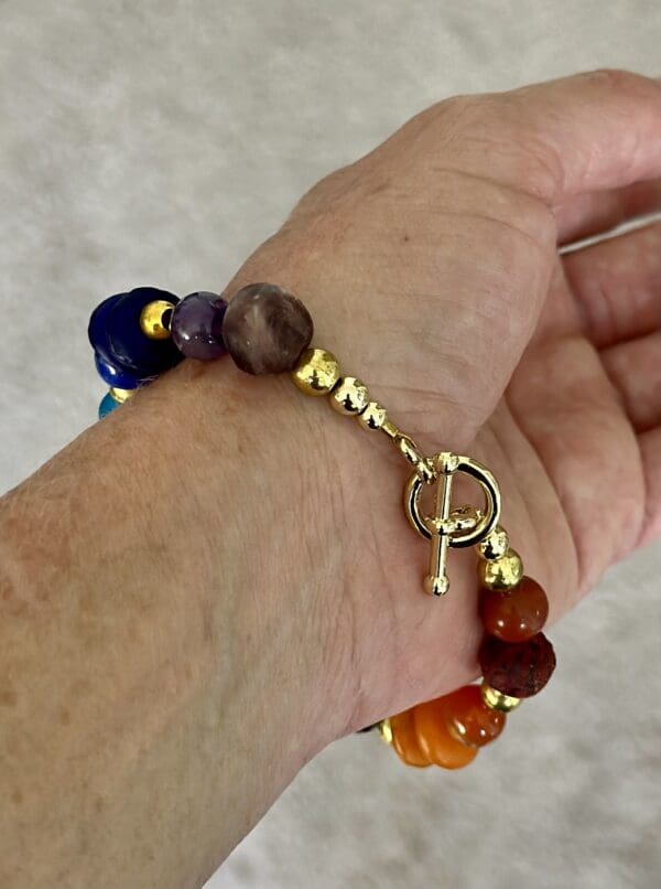 A hand wearing a bracelet with different colored beads.