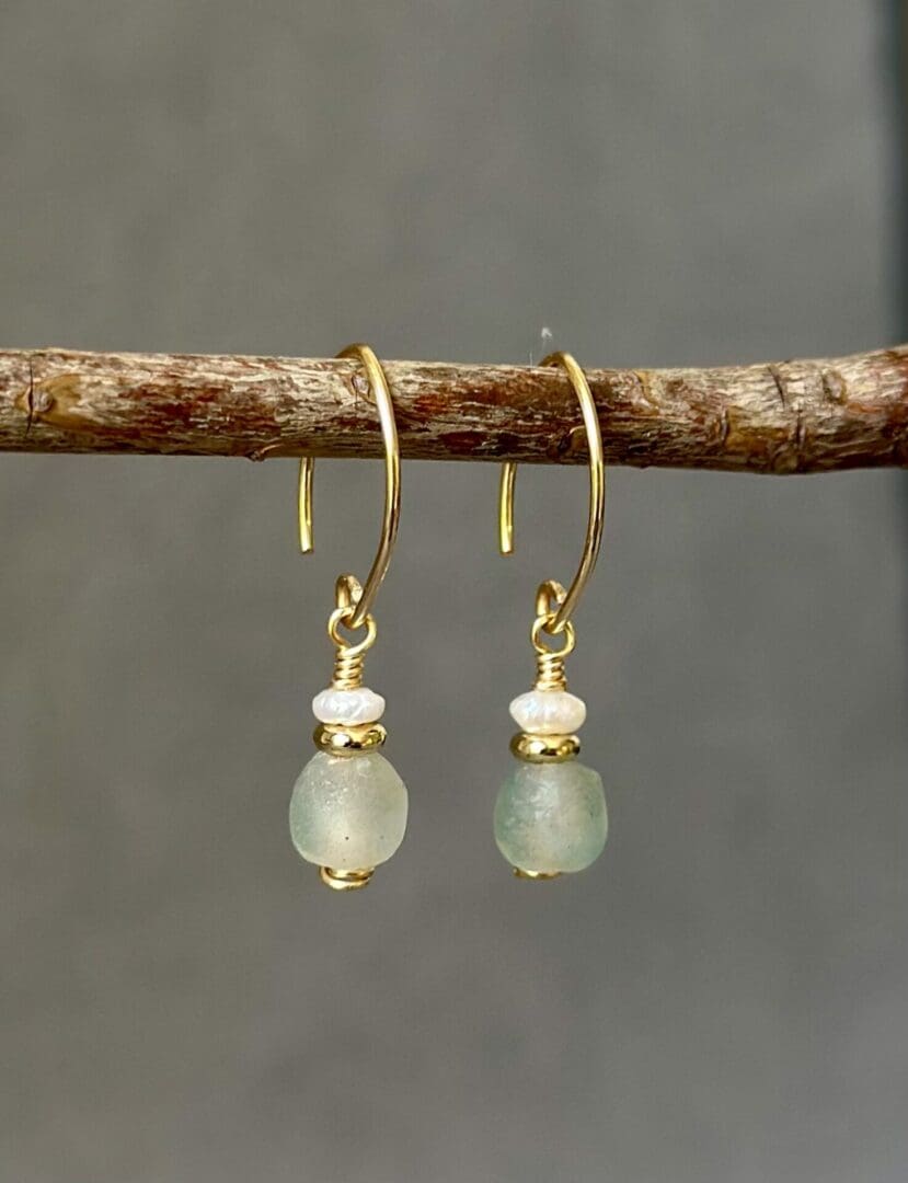 A pair of earrings hanging on top of a tree branch.