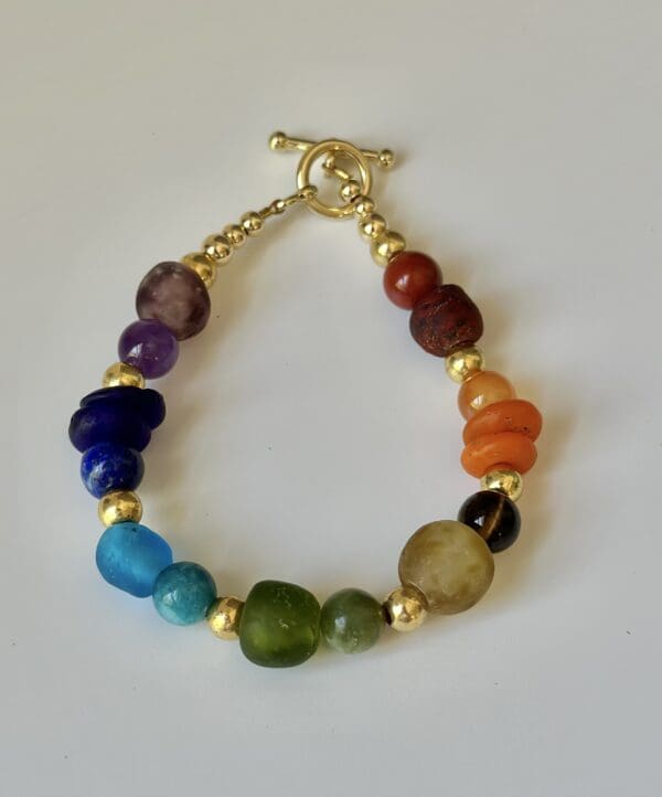 A bracelet with many different colored beads