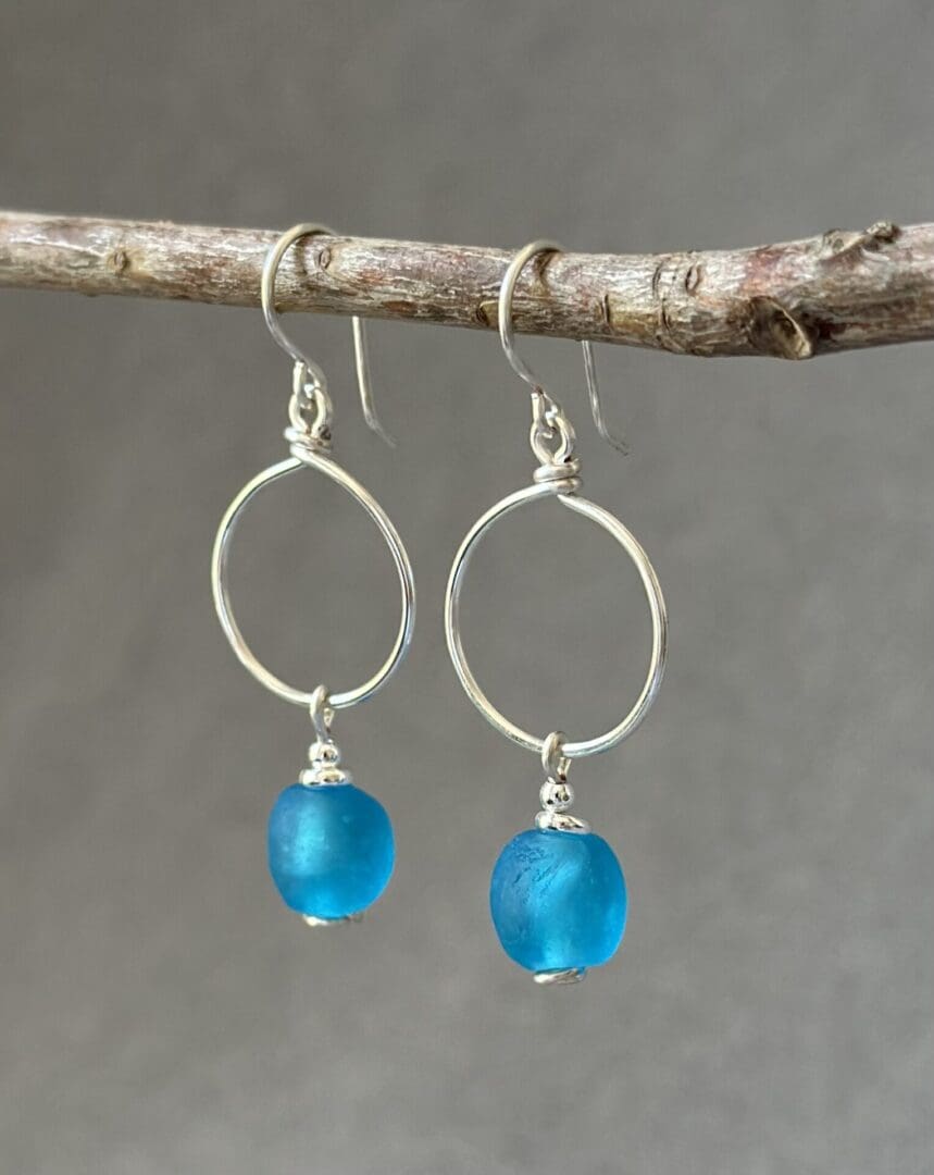 A pair of earrings hanging from a tree branch.